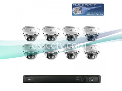 Network IP Cameras and NVR Package, 8ch HD 3 MP Rugged Dome Cameras, Built-in PoE switch